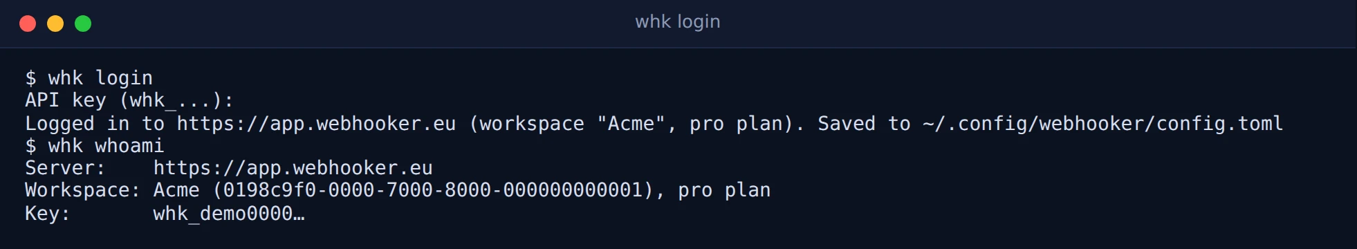 Terminal running whk login, then whk whoami showing the Acme workspace on the pro plan