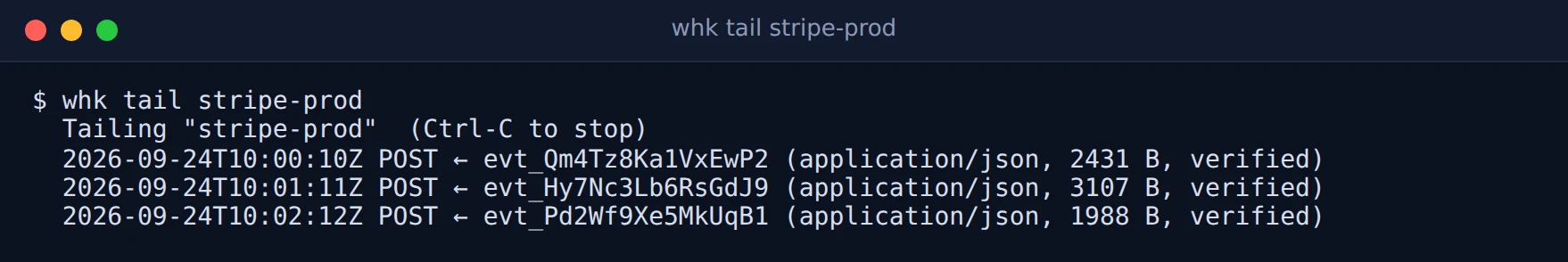 Terminal running whk tail stripe-prod with three verified events