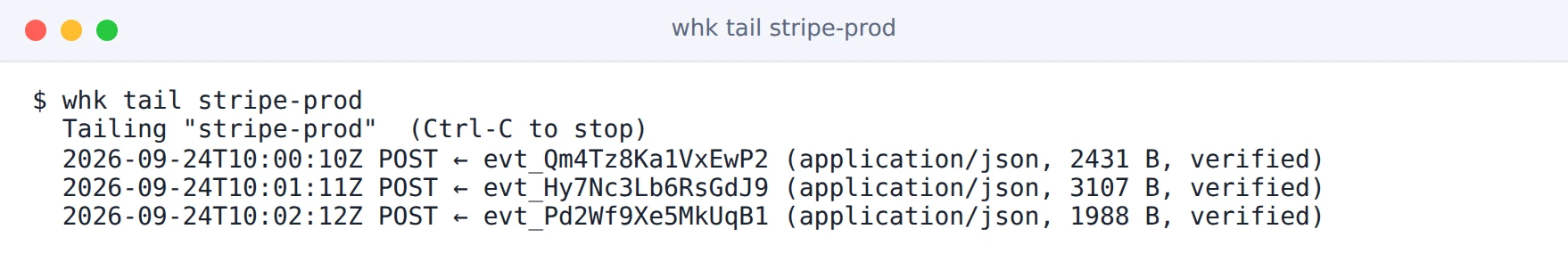 Terminal running whk tail stripe-prod with three verified events