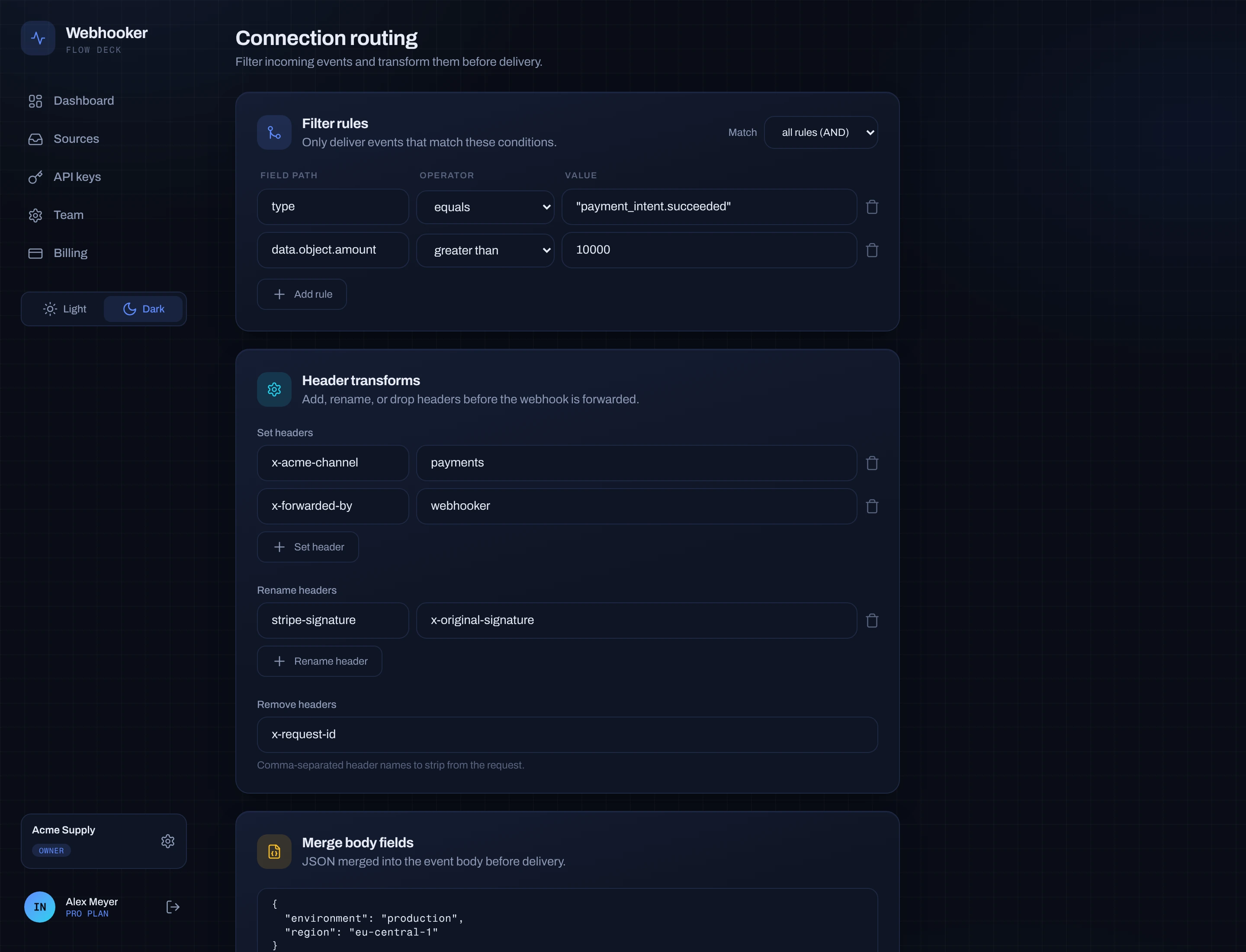 The connection routing screen with filter rules