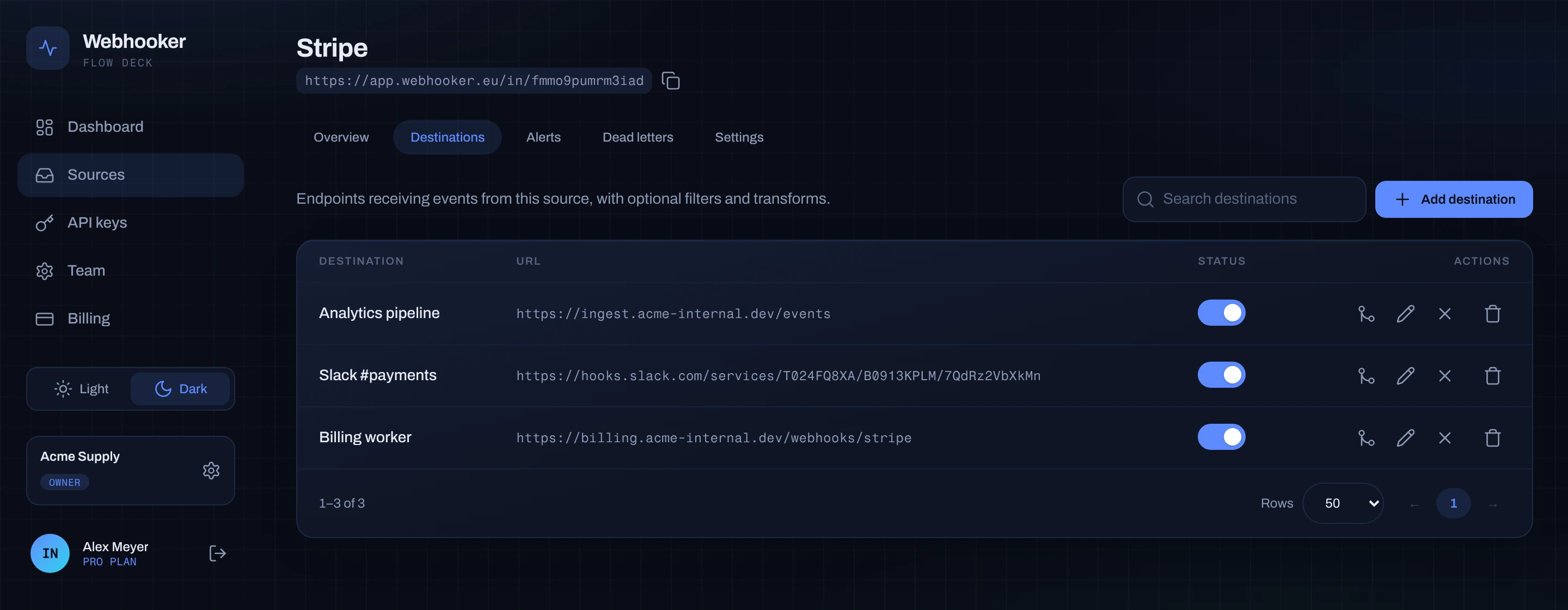 The Destinations tab of a source