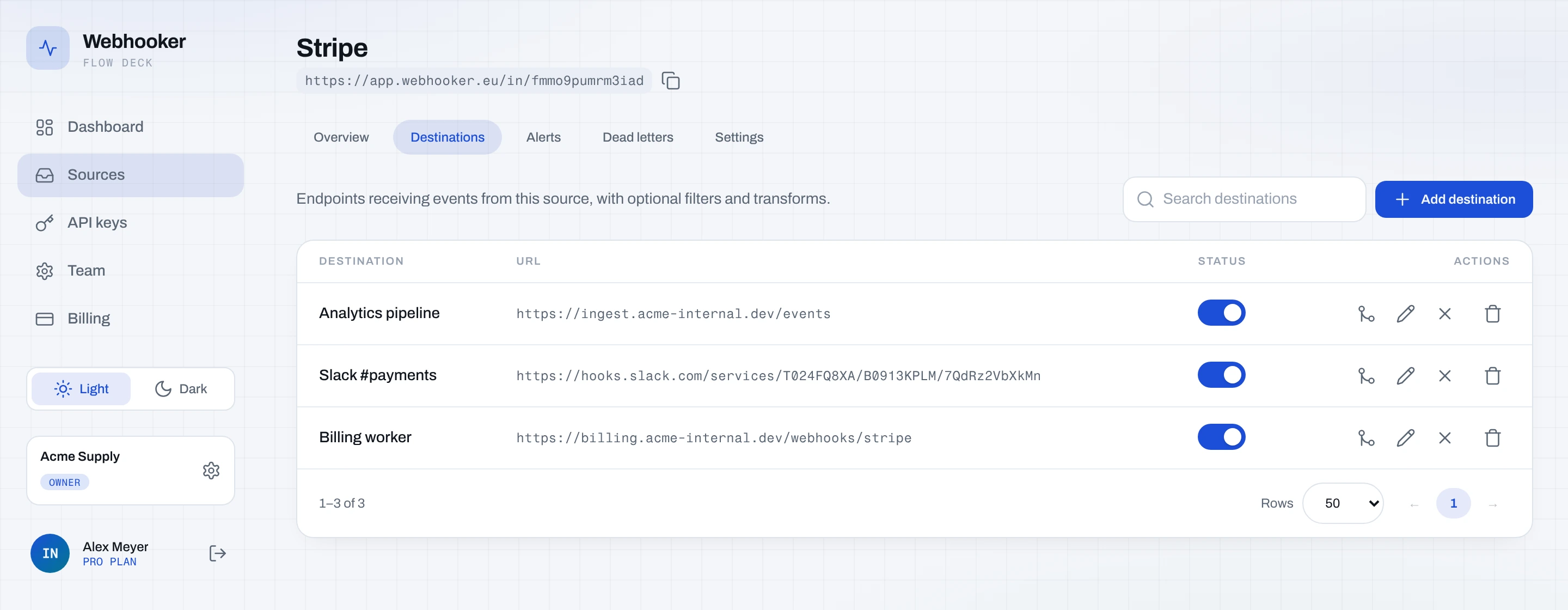 The Destinations tab of a source