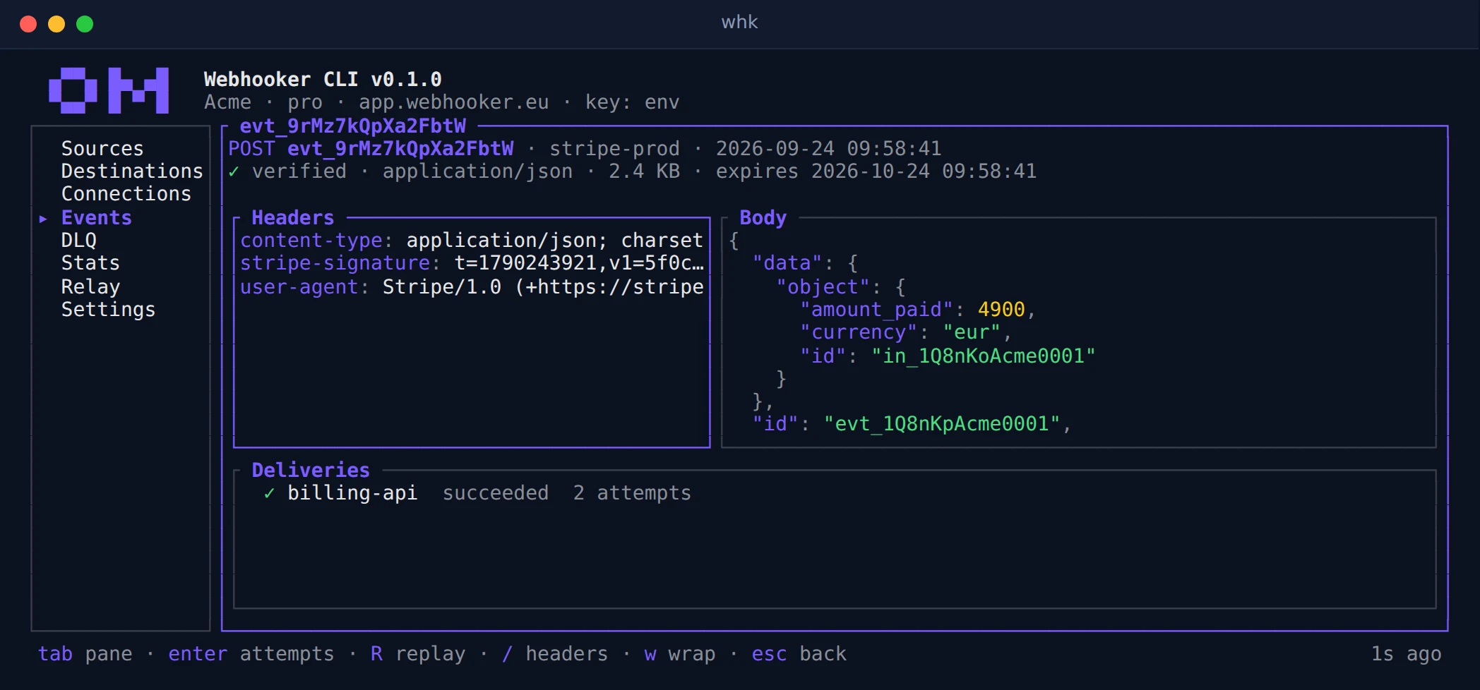 Event detail in the whk terminal UI: headers, a formatted JSON body and one successful delivery