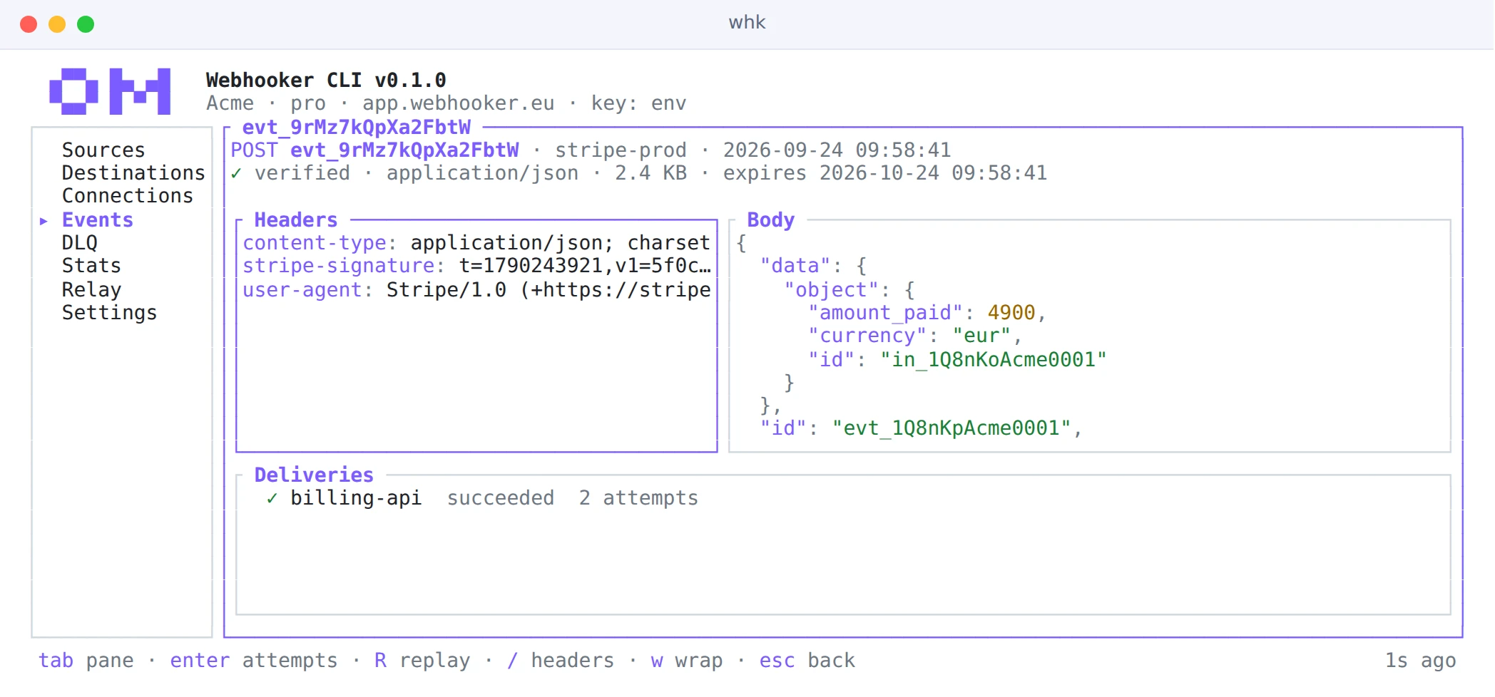 Event detail in the whk terminal UI: headers, a formatted JSON body and one successful delivery