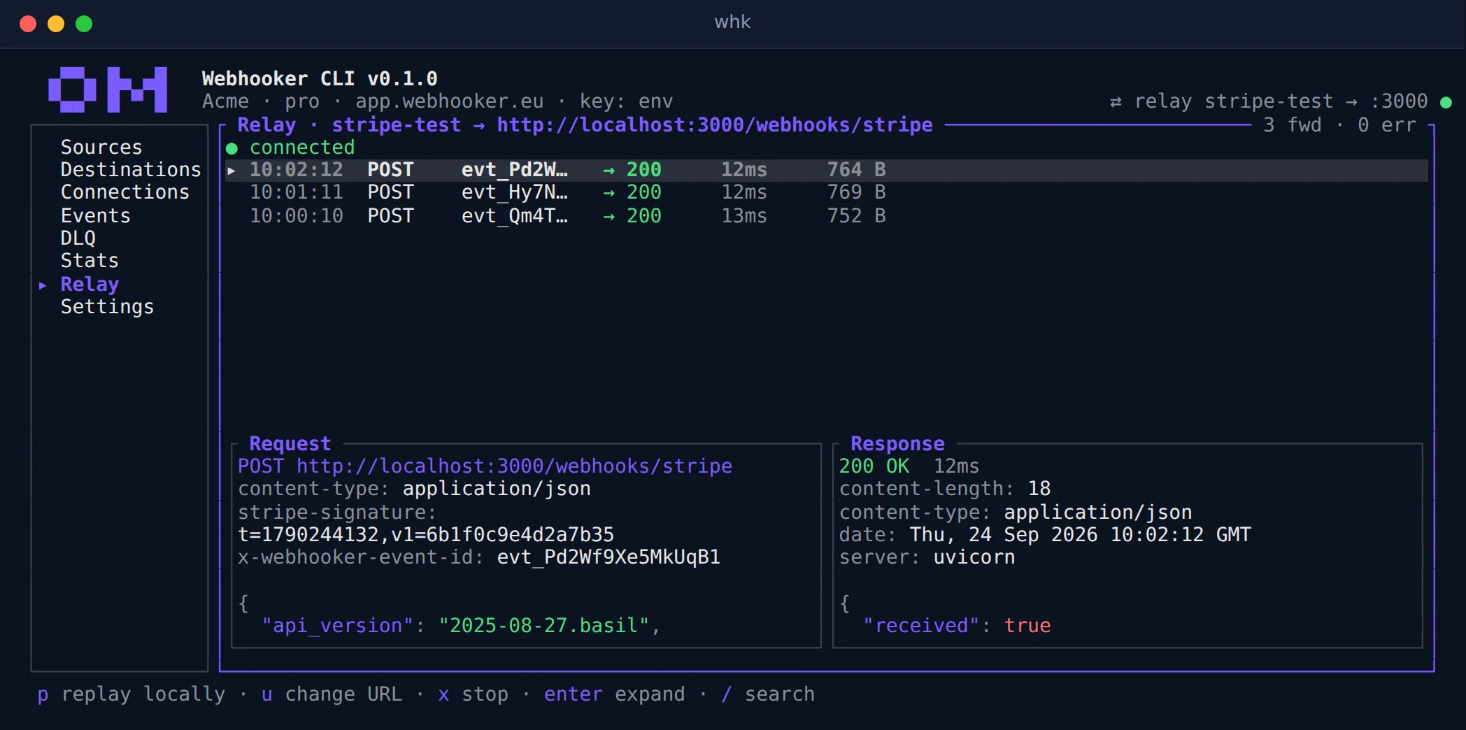The whk relay forwarding three Stripe events to localhost:3000, with the request and the local response side by side