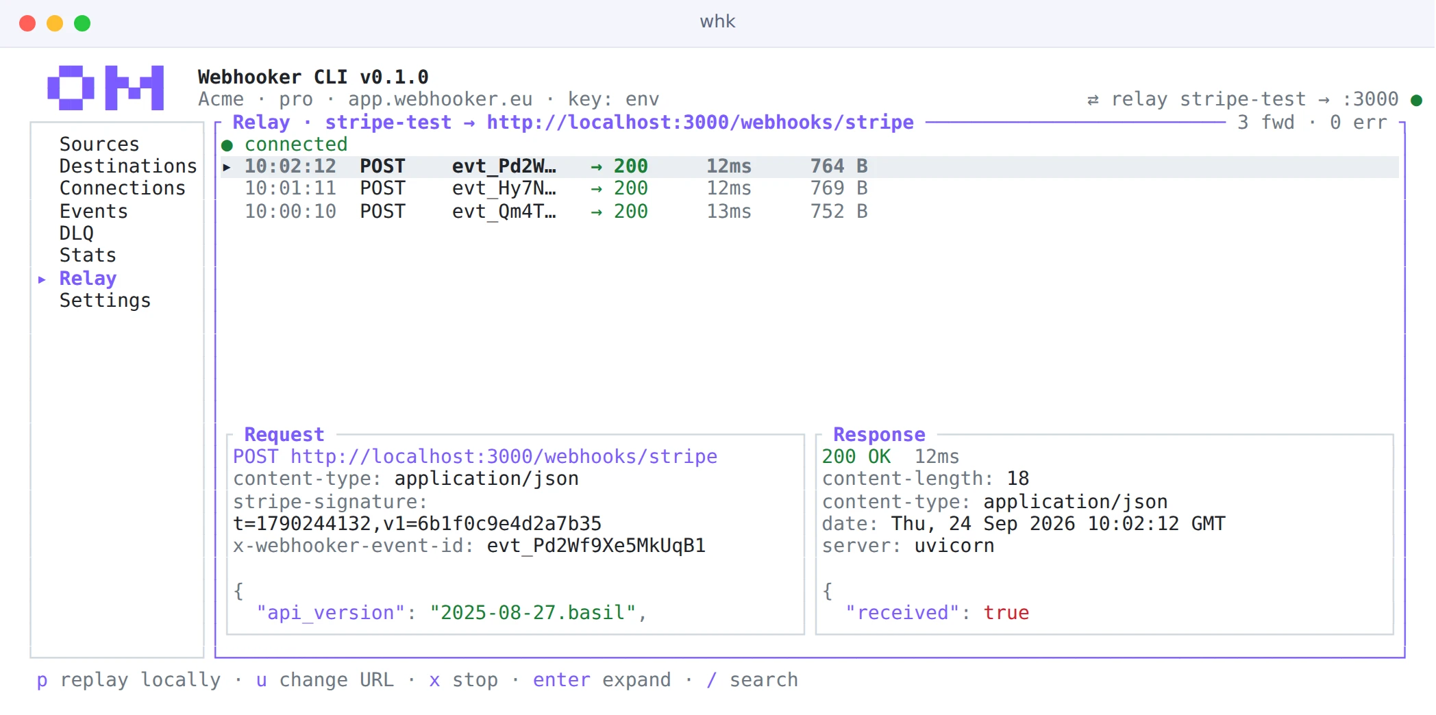 The whk relay forwarding three Stripe events to localhost:3000, with the request and the local response side by side