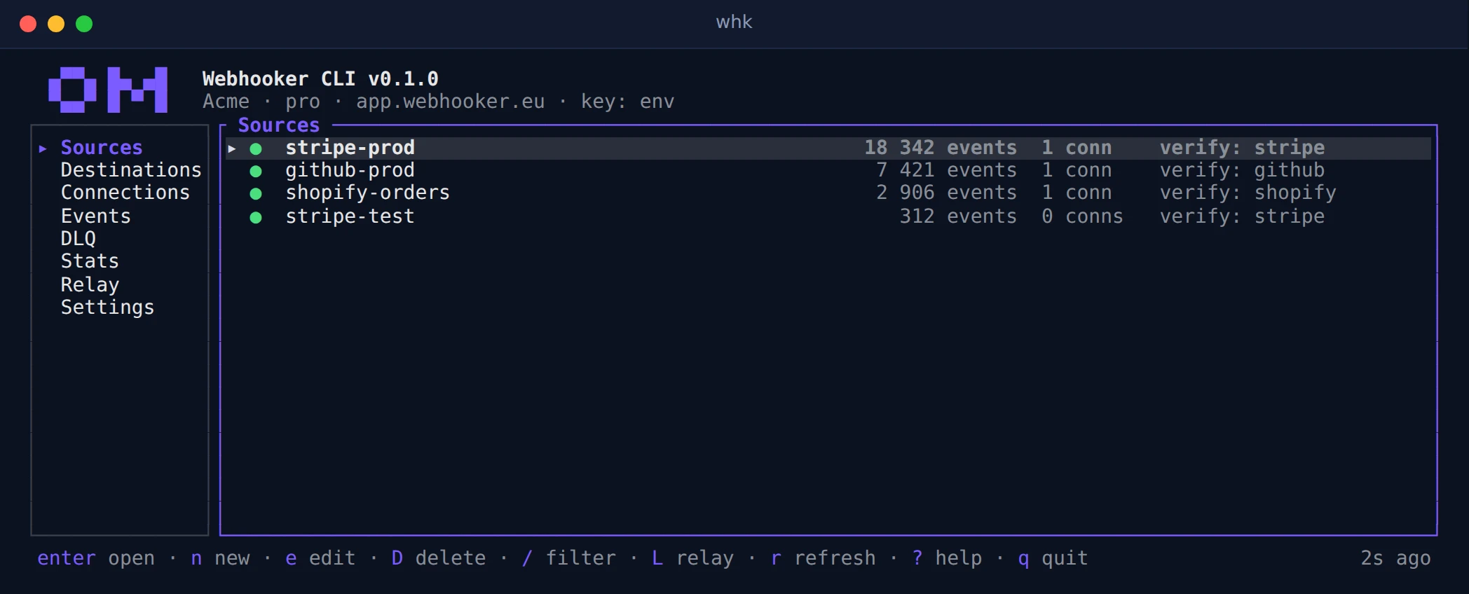 The whk terminal UI listing four sources with event counts, connections and verification providers