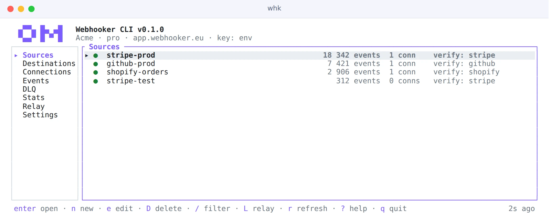 The whk terminal UI listing four sources with event counts, connections and verification providers